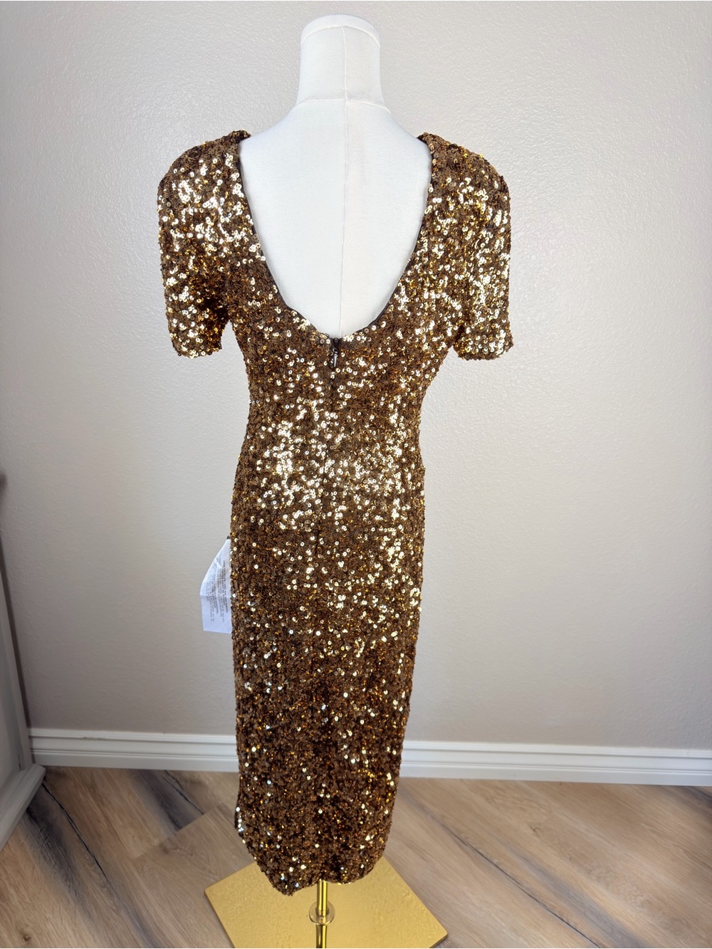 NWT Dress the Population Gold Sequin Midi Dress w Side Slit and Short Sleeves, L - Picture 11 of 13
